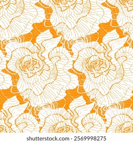 Peony outline flowers modern vector seamless pattern of wavy abstract freehand lines. Perfect for home textile, wallpaper, fabric, bedding, package.