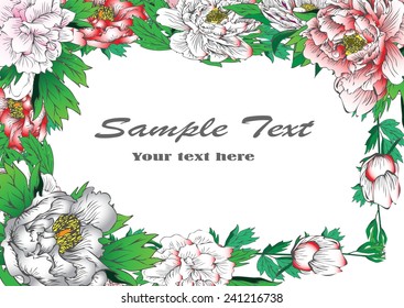 Peony painting vector colorful background and text,Vintage floral vector wedding invitation with peonies and garden flowers, botanical natural peonies Illustration. Summer floral peonies greeting card