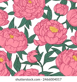 Peony pattern. Seamless floral print. Blossomed flowers, delicate botanical background, realistic retro drawing. Elegant blooming design, endless texture for wallpaper. Hand-drawn vector illustration