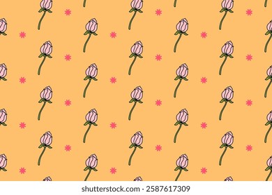 peony petal with star and flower colorful seamless pattern on peach background. peonies flower doodle illustration pattern background. peony petal flowers background for florist decor and merchandise