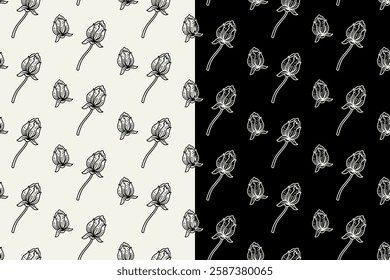 peony petals with leaves doodle seamless pattern on black white background set. peonies petal flower engraving pattern background. retro peony flowers with leaves background for florist merchandise