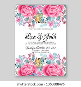Peony pink rose ranunculus greenery wedding invitation card template