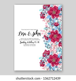 Peony pink rose ranunculus greenery wedding invitation card template vector