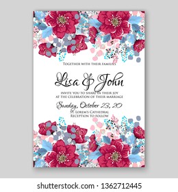 Peony pink rose ranunculus greenery wedding invitation card template vector