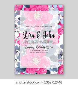Peony pink rose ranunculus greenery wedding invitation card template vector