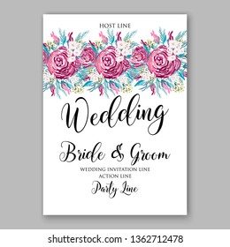 Peony pink rose ranunculus greenery wedding invitation card template vector