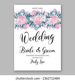 Peony pink rose ranunculus greenery wedding invitation card template vector