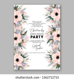 Peony pink rose ranunculus greenery wedding invitation card template vector