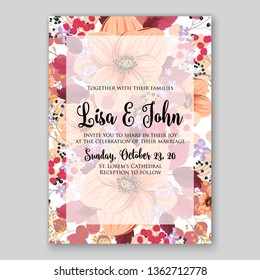 Peony pink rose ranunculus greenery wedding invitation card template vector