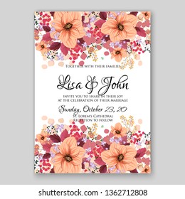 Peony pink rose ranunculus greenery wedding invitation card template vector