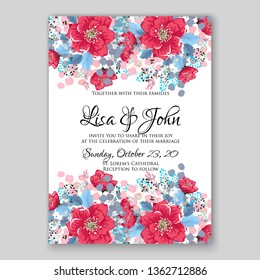 Peony pink rose ranunculus greenery wedding invitation card template vector