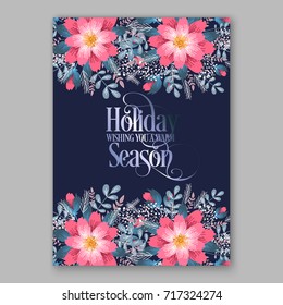 Peony, poinsettia, anemone pine, fir branch Christmas party invitation template Vector holiday card