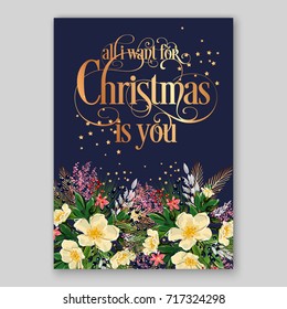 Peony, poinsettia, anemone pine, fir branch Christmas party invitation template Vector holiday card