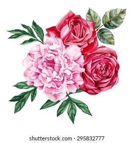 Peony And Red Roses Bouquet. Watercolor, Hand Painted, Isolated On White Background. Vector Illustration