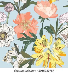 Peony, Rhododendron, Anemonenblumen. Nahtloses Muster mit Vintage-Blumen. Blumenblauer Hintergrund.