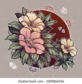 Peony or rose flower branch with butterflies.Tattoo, romantic symbol. Boho print, poster, t-shirt. textiles. Zen for anti stress book. Hand-drawn, retro card design. Isolated vector illustration.
