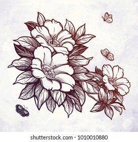Peony or rose flower branch with butterflies.Tattoo, romantic symbol. Boho print, poster, t-shirt. textiles. Zen for anti stress book. Hand-drawn, retro card design. Isolated vector illustration.
