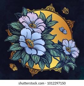 Peony or rose flower branch with butterflies.Tattoo, romantic symbol. Boho print, poster, t-shirt. textiles. Zen for anti stress book. Hand-drawn, retro card design. Isolated vector illustration.
