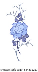 Peony rose flower with branches for decorate. Illustration in light blue colors on white background. Can be used for decorate postcards, tattoo, engraving, etching, decorate t-shorts, tunics, bags.