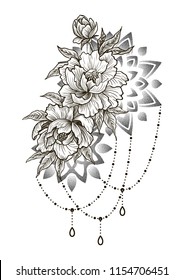 Peony or rose flower with decorative elements. Hand drawn vintage vector Engraving Illustration. Graphic sketch for tattoo, poster, clothes, t-shirt design, pins, badges, stickers and coloring book