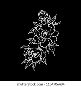 Peony or rose flower with decorative elements. Hand drawn vintage vector Engraving Illustration. Graphic sketch for tattoo, poster, clothes, t-shirt design, pins, badges, stickers and coloring book