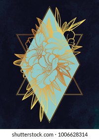 Peony or rose flower with sacred geometry frame. Tattoo, mystic symbol. Boho print, poster, t-shirt. textiles. Zen for anti stress book. Hand-drawn, retro card design. Isolated vector illustration.
