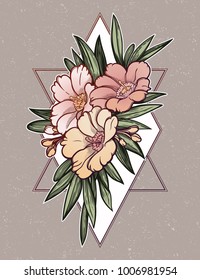 Peony or rose flower with sacred geometry frame. Tattoo, mystic symbol. Boho print, poster, t-shirt. textiles. Hand-drawn, retro card design. Isolated vector illustration.
