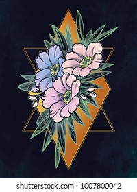 Peony or rose flower with sacred geometry frame. Tattoo, mystic symbol. Boho print, poster, t-shirt. textiles. Hand-drawn, retro card design. Isolated vector illustration.