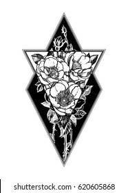 Peony or rose flower with sacred geometry frame. Tattoo, mystic symbol. Boho print, poster, t-shirt. textiles. Zen for anti stress book. Hand-drawn, retro card design. Isolated vector illustration.
