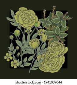 peony, rose flowers. Background illustration. Hand drawing outline. Flowering of garden plants. Abstract plant picture. Vector