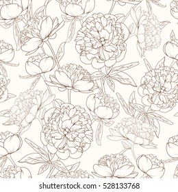 Peony Rose Flowers Realistic Detailed Sketch Drawing. Brown Outline On Beige Sepia Background. Paeonia Seamless Floral Pattern.