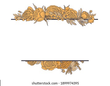 peony, rose, flowers. Round frame. Background illustration. Hand drawing outline. Flowering of garden plants. Abstract plant picture. Vector