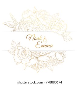Peony rose flowers top bottom border frame decoration. Wedding marriage event invitation template. Modern luxury bright shiny golden gradient. Title text placeholder. Vector design illustration.