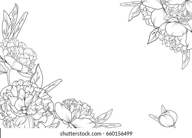Peony rose garden flowers black and white detailed outline drawing. Corner border frame decoration element template. Horizontal landscape layout. Vector design illustration.