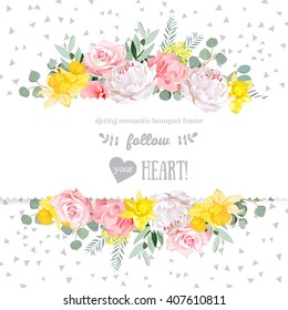 Peony, rose, narcissus, pink flowers and decorative eucalyptus leaves vector design card. Speckled triangle confetti backdrop. All elements are isolated and editable.
