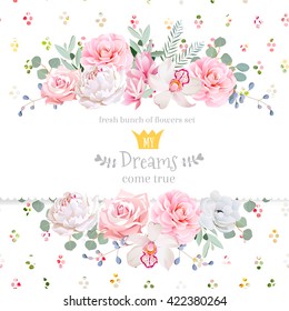 Peony, rose, orchid, camellia, pink flowers and decorative eucalyptus leaves vector design card. Rainbow round confetti backdrop. All elements are isolated and editable.