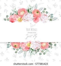 Peony, rose, ranunculus, pink flowers and decorative eucaliptus leaves vector design card. Delicate grey floral texture background. All elements are isolated and editable.