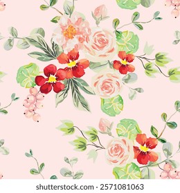 Peony, rose, red nasturtium flowers, currant berries, green leaves, pink background. Vector floral illustration. Seamless pattern. Summer bouquets. Botanical design