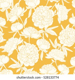 Peony rose seamless floral pattern. Paeonia blooming flowers buds bouquet garland stem leaves. Bright yellow background. Detailed vector design illustration for decoration, wedding, textile, fabric.