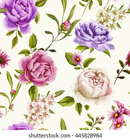 Peony and roses buds with leaves. Seamless background pattern. Vector - stock.. Peony flowers bouquet. Vector - stock.