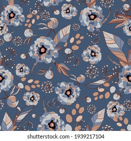 Peony and roses. Floral vintage seamless pattern. Peonies flowers, exotic leafes, branches and berries bouquets on a blue background. Vector illustration art.