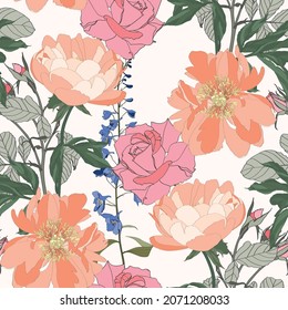 Peony, roses flowers. Seamless pattern with vintage orange flowers. Floral beige background.