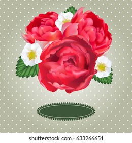 Peony roses, strawberry flowers and leaves frame on dotted background. Wedding invitation or greeting card template with text space.