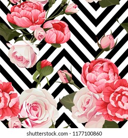 Peony and roses vector seamless pattern floral texture on a black and white chevron background