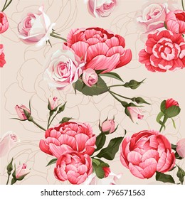 Peony And Roses Vector Seamless Pattern #1 Beige Flowered Texture Background