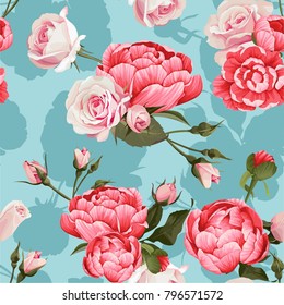 Peony And Roses Vector Seamless Pattern #1 Turquoise Flowered Texture Background