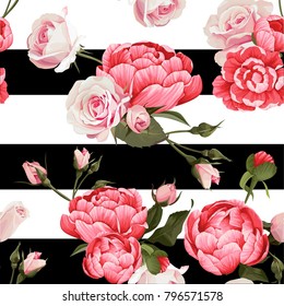 Peony And Roses Vector Seamless Pattern #1 Black and White Stripes Flowered Texture Background