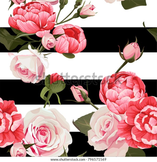 白黒の縞模様の花が咲くテクスチャ背景に牡丹とバラのベクター画像シームレスパターン2 のベクター画像素材 ロイヤリティフリー