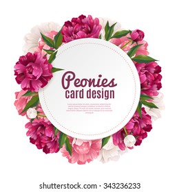 Peony round frame card design for greeting or invitation realistic vector illustration