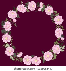 Peony round frame. Summer garden wreath. Place for text
